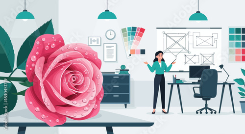 Interior designer presenting architectural plans with a large pink rose illustration adding a