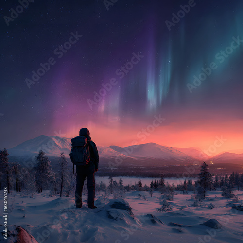 Majestic Winter Landscape with Aurora Borealis at Dusk