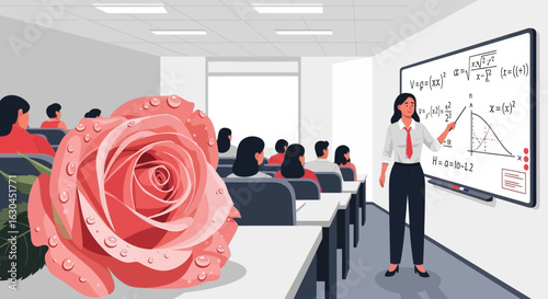 Illustration portraying a teacher in classroom with rose in the foreground adding romantic and