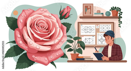 Illustration of a young man drawing with a giant rose flower in the background portraying
