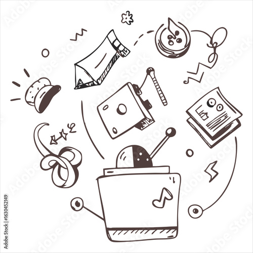Whimsical Doodle of a Robot with Various Objects Floating Around It drawing illustration