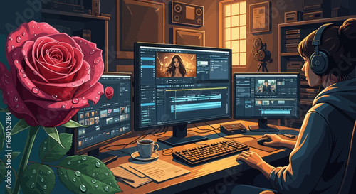 Person editing video with a rose on the desk, creating an aesthetic work environment perfect for