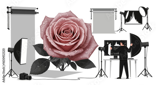Conceptual photography studio setup with rose subject and lighting arrangement demonstration