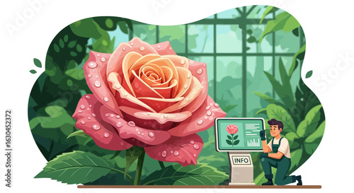 Illustration of a rose in a greenhouse being monitored by a botanist using technology