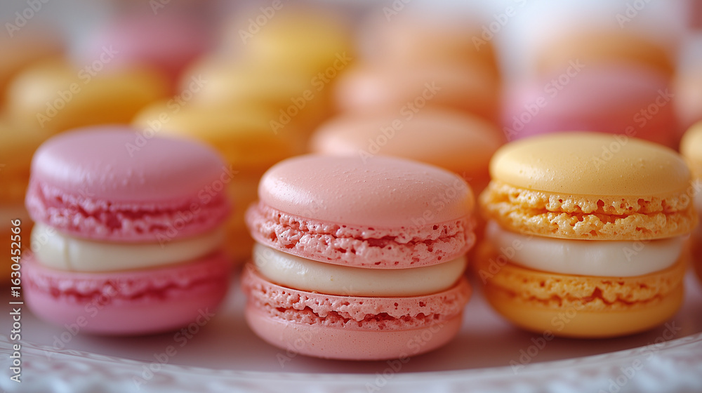 Obraz premium Colorful macarons in pastel shades of pink, orange, and yellow arranged beautifully on a decorative plate, showcasing delightful textures and appealing dessert presentation