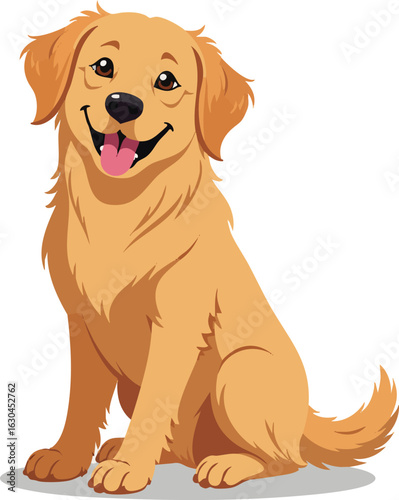 A fluffy, adorable golden retriever puppy sits happily in a studio, showcasing its purebred pedigree