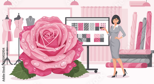 Fashion designer showcasing fabric patterns with rose accent in a stylish studio