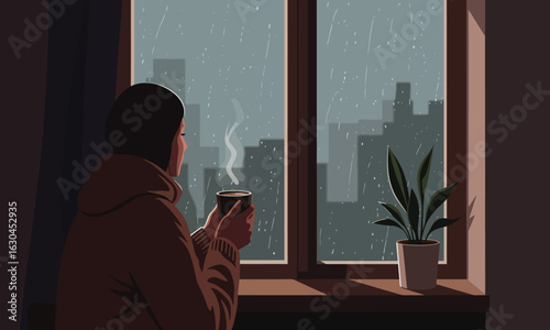 A woman's silhouette looking out a dark window at night