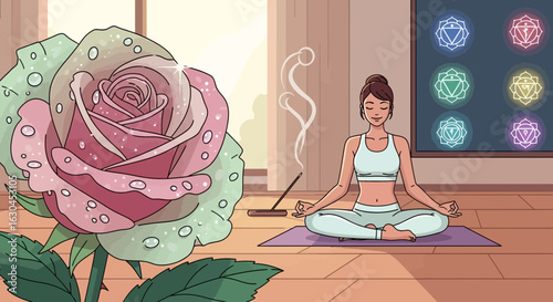 Cartoon illustration of woman meditating in lotus position with incense and rose