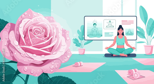Illustration of a woman practicing yoga at home with a rose in the foreground, wellness concept
