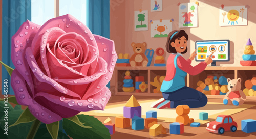 Nursery school teacher using educational software surrounded by toys and a rose