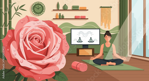Serene Meditation Scene: A Woman Finding Inner Peace at Home with Virtual Guidance