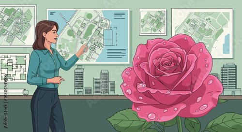 Architectural design presentation featuring a woman and a prominent rose display