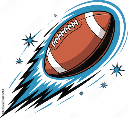 American football flying fast with a blue comet trail and stars