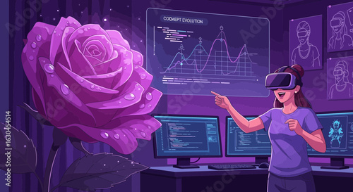 Virtual Reality Meeting in a Futuristic Office with a Rose Decoration in Focus