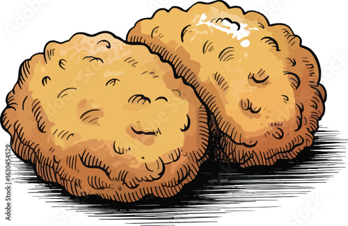 Two golden brown chicken nuggets with a crispy texture and a hand drawn illustration style