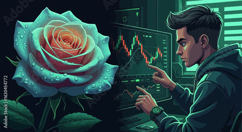 A digital artwork merging floral beauty with financial analysis a contemplative juxtaposition of