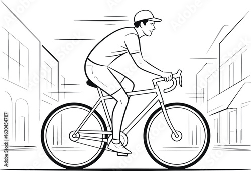Man riding a bicycle on a city street in a line art drawing