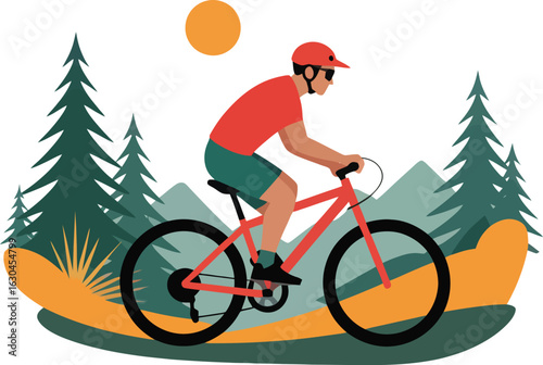 Man riding a mountain bike through a forest with trees and mountains
