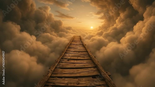 Wooden bridge leads into the golden sky surrounded by dramatic clouds in warm light - conceptual fantasy sky background for inspirational and motivational content