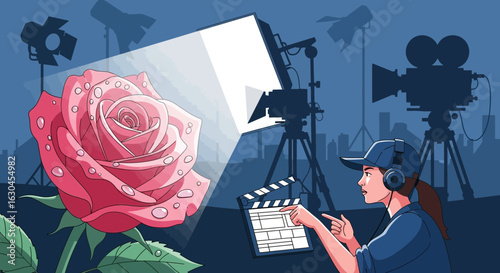 Capturing beauty: A rose in the spotlight on a film set, a blend of nature and art