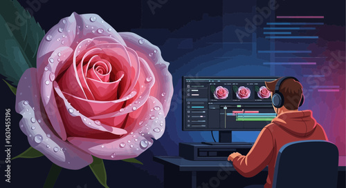 Editing beauty: A digital artist creating a floral masterpiece through video editing software
