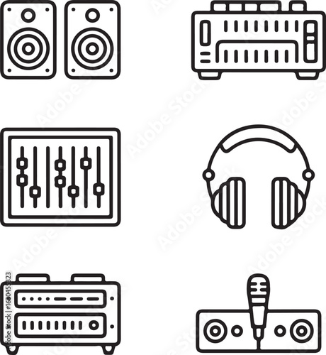 Studio Audio Equipment Icons Monitor Speakers, Audio Mixer, Equalizer, Rack Mount, Headphones, and Mic Input
