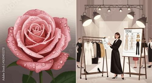 Juxtaposition of natural beauty with a stylized fashion show concept illustration