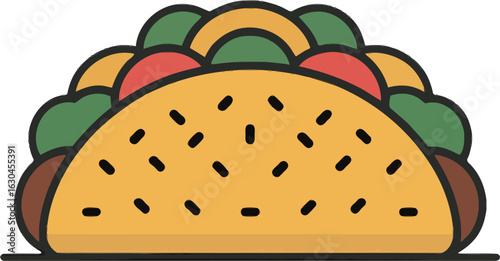 Stylized illustration of a loaded taco with colorful fillings