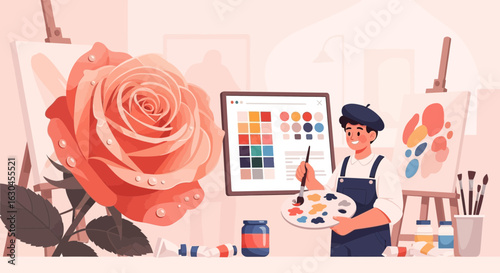 A cheerful artist painting a rose in his studio surrounded by creative tools and artworks