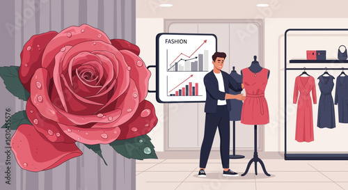 Fashion designer with rising graph of fashion industry and a beautiful rose picture