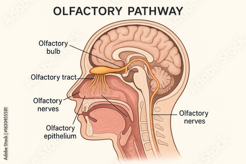 Olfactory Pathway Anatomy Illustration, Human Brain, Nose and Throat Section [Illustration]