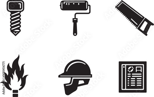 Construction tools and symbols for building, renovation, and industry.