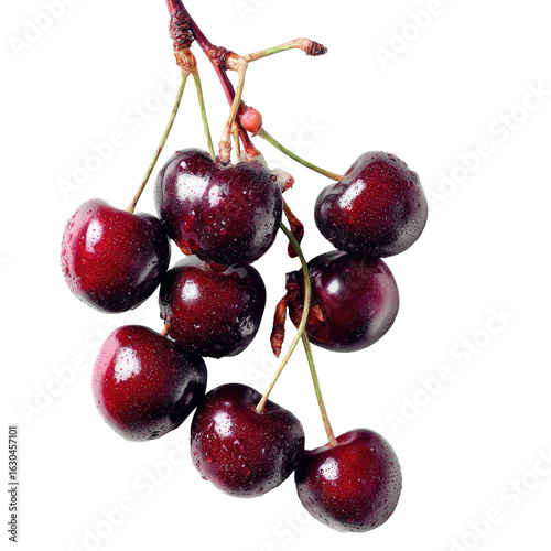 Close-up cluster of ripe dark red cherries