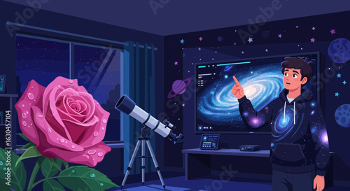 Cartoon illustration of a young man exploring space from his cosmic themed bedroom