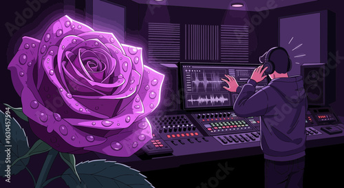 Purple Rose and Music Producer at Sound Studio in Neon Aesthetic Artwork