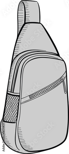 Sling Backpack CAD Drawing, Flat Vector Illustration, Outdoor Travel Bag Design, Zipper Pockets, Adjustable Strap, Unisex Functional Style