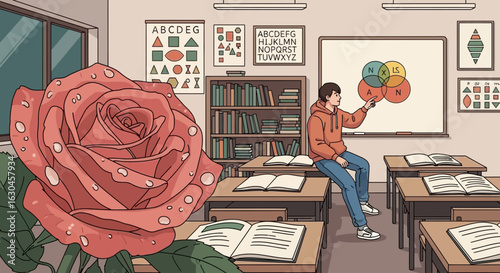 Contrasting Worlds: A Rose's Beauty Intertwined with the Rigor of Classroom Learning