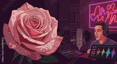 Illustrative podcast recording session with a large dew-kissed rose flower adding a unique touch