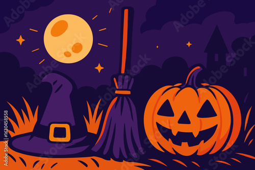 A still life depiction of Halloween featuring a witch's hat, broom, pumpkin, and ghost