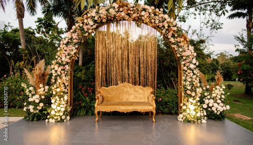 Elegant royal garden photo booth with golden floral arch and antique velvet loveseat, luxurious outdoor setup