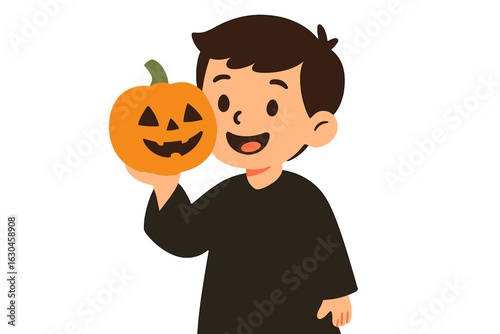 A happy youngster dressed in a dark cloak grasps a pumpkin-shaped basket overflowing with Halloween treats