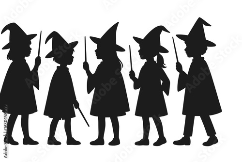 Silhouette of a diverse group of children in Halloween costumes celebrating together