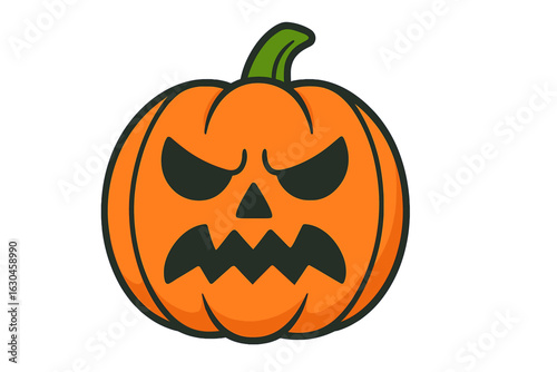 A Halloween pumpkin featuring a menacing face and scars that appear to be stitched