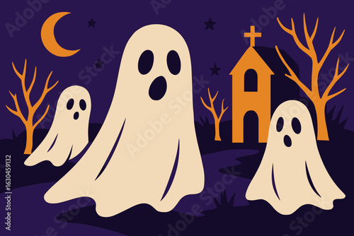 Flat design vector illustration of haunted house and ghosts celebrating halloween day