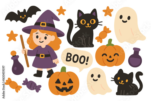 ハロウィンの仮装したかわいい子どもたちがかぼちゃや魔女、おばけと一緒にお菓子を集める楽しい手描きベクターイラストセット