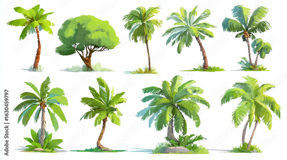Obraz premium Set of different palm trees in cartoon style. Vector illustration of beautiful green palm trees. Isolated on white background. Tropical coconut trees.
