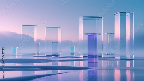 Surreal Glass Terrain with Floating Product Pedestals in Abstract Mist