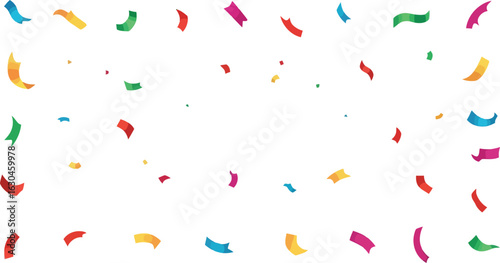 Colorful confetti ribbons scattered on a white background, creating a festive and celebratory design.
