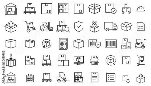 Collection of warehouse and logistics icons representing shipping and delivery services